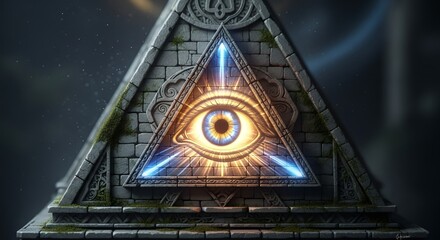 Mystical Eye Inside Illuminated Triangular Stone Pyramid in Night Sky Fantasy Style
