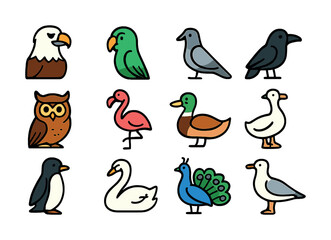 Fototapeta premium Colorful cartoon birds collection featuring owl swan penguin parrot