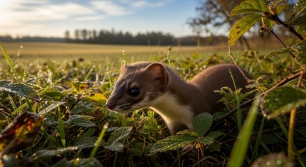 Small Brown and White Ferret in Green Grass with Sunset Sky