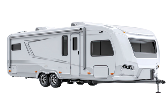 Modern, white RV trailer with silver accents