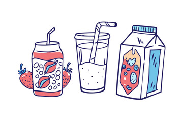 Doodle style drinks and smoothie carton with strawberries