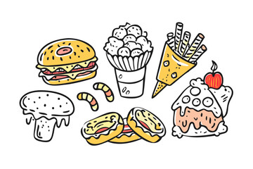 Doodle style fast food and dessert collection burger