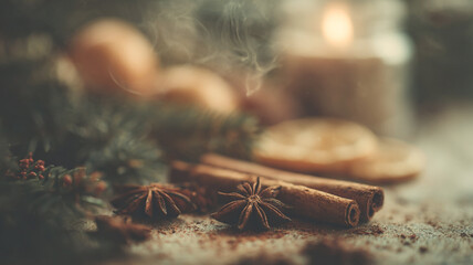 Star anise and cinnamon sticks with dried oranges