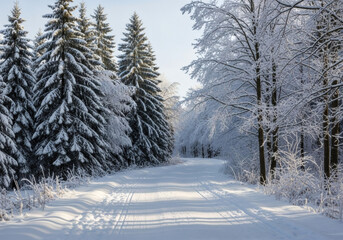 Obraz premium Chemin forestier enneigé hivernal 