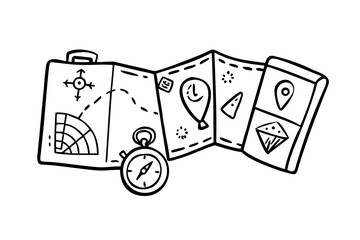 Doodle Style Travel Icons Compass Suitcase Map Globe