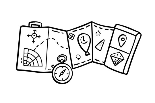 Doodle Style Travel Icons Compass Suitcase Map Globe