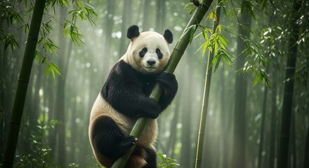 Young Panda Climbing Bamboo Tree in Dense Forest During Daylight