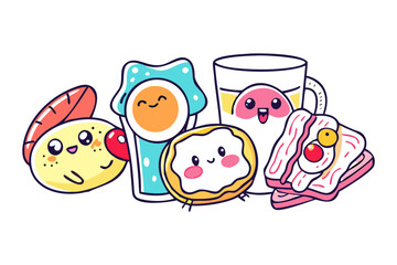 Kawaii breakfast food characters with transparent background