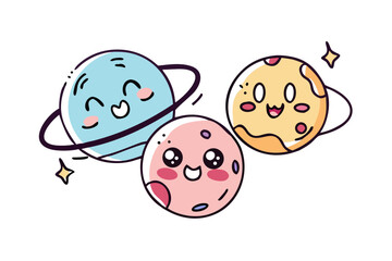Three cute cartoon planets with smiling faces space