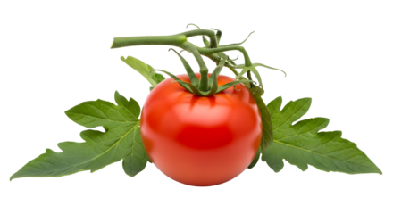 Single ripe red tomato on the vine with green leaves isolated on transparent background