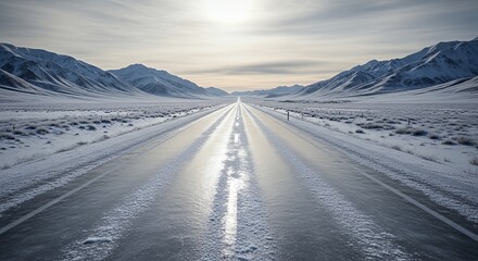 Snowy Road in Mountain Valley Under Overcast Sky with Icy Surface and Winter Landscape