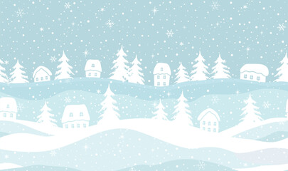 Naklejka premium Christmas Seamless Border. Winter Village. White Houses Silhouettes, Fir Trees. Snowfall. Snowflakes. Greeting Card Template. Banner. Vector Illustration in White, Blue