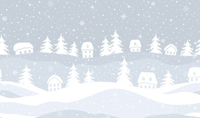 Fototapeta premium Winter Seamless Border. Christmas Village. White Houses Silhouettes, Fir Trees. Snowfall. Snowflakes. Greeting Card Template. Banner. Vector Illustration on Gray Background