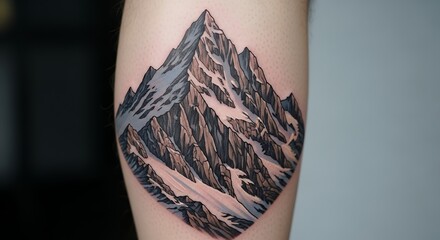 Mountain Range Tattoo Featuring Snowy Peaks and Rocky Slopes in Realistic Style