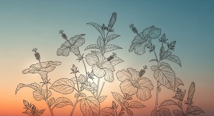 Elegant Hibiscus Flowers Silhouette with Gradient Sunset Background in Artistic Style