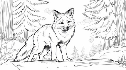 Naklejka premium A detailed line drawing of a fox standing in a forest. The fox has a bushy tail and pointed ears. Surrounding trees and foliage create a natural setting.
