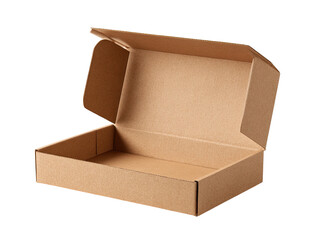 Opened brown cardboard box, angled view, neutral color