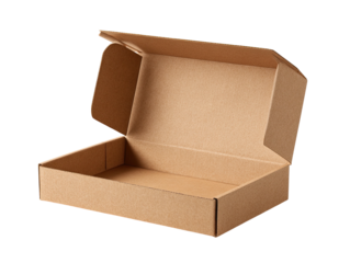 Opened brown cardboard box, angled view, neutral color