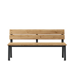 Wooden bench with metal frame, straight back, isolated