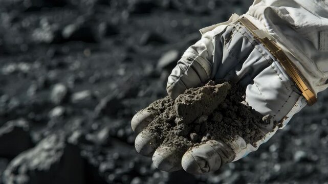 Astronaut glove holding lunar soil on moon's surface
