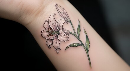 Pink Lilies Tattoo on Human Arm with Water Droplets and Green Leaves
