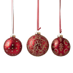 Three red Christmas ornaments hanging from red ribbons against a black background