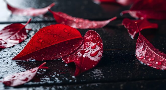 Vibrant red autumn leaves with glistening water droplets scattered across a dark, textured surface, evoking a sense of natural beauty and the changing seasons.