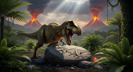 Dinosaur T Rex in Volcanic Landscape with Erupting Mountains and Lush Jungle