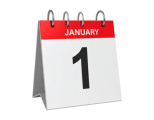 A 3D blank calendar, showing January 1, isolated on transparent background, PNG