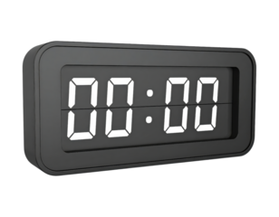 A 3D modern digital clock, displaying 00:00, isolated on transparent background, PNG