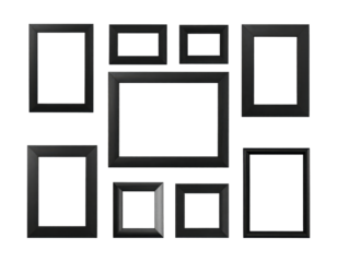 A collection of blank 3D modern picture frames, black, various sizes, isolated on transparent background, PNG