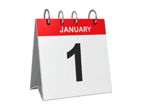 A 3D blank calendar, showing January 1, isolated on transparent background, PNG