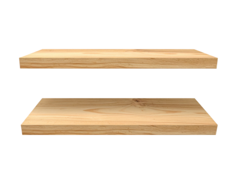 A 3D single floating shelf, natural wood texture, isolated on transparent background, PNG