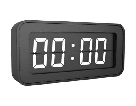 A 3D modern digital clock, displaying 00:00, isolated on transparent background, PNG