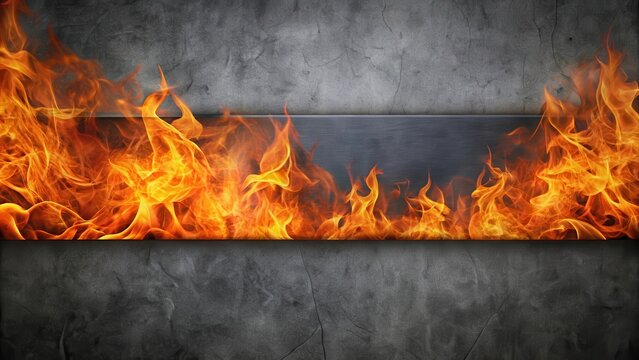 Fiery orange flame engulfing a dark grey background strip with subtle texture