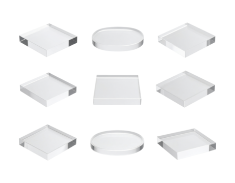 A set of 3D product risers, clear acrylic, square, various heights, isolated on transparent background, PNG
