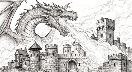 Fantasy Dragon Breathing Fire Over Medieval Castle Illustration