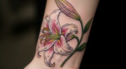 Colorful Pink Lily Flower Tattoo on Skin with Water Droplet Details