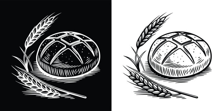 Hand drawn illustration of a rustic loaf of bread with wheat stalks, isolated on white background