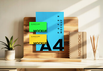 A4 Paper and Business Card Mockup on Wooden Stand with Notebook