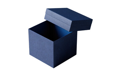 Open, small, blue box with a partly-lifted lid on black