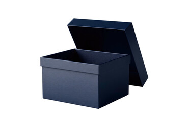 Open, dark blue box with lid slightly ajar, against black