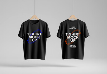 Dual Black Tshirt Mockup on Wooden Hangers with Front and Back Views