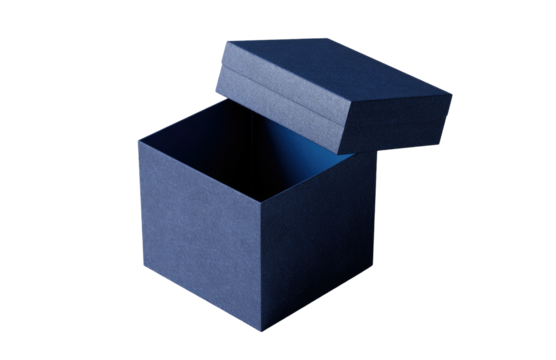 Open, small, blue box with a partly-lifted lid on black