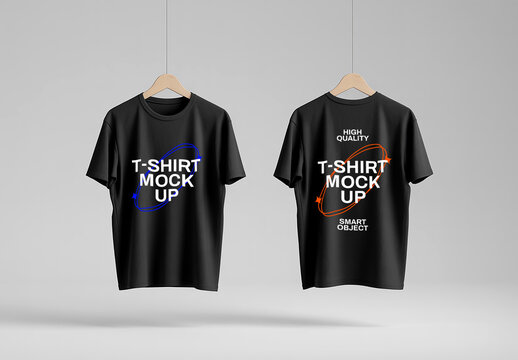 Dual Black Tshirt Mockup on Wooden Hangers with Front and Back Views