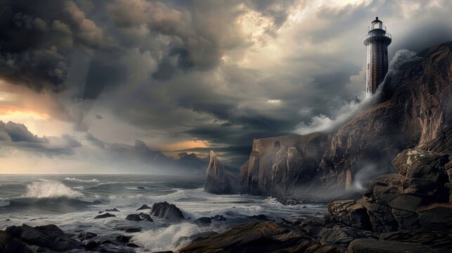 A dramatic coastal scene featuring a lighthouse on a rocky cliff under a stormy sky. Waves crash against the shore, creating a sense of power and nature's beauty.