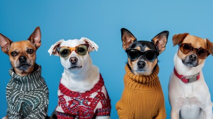 Four small dogs sitting in a row against a blue background wearing colorful sweaters and glasses on two of them.