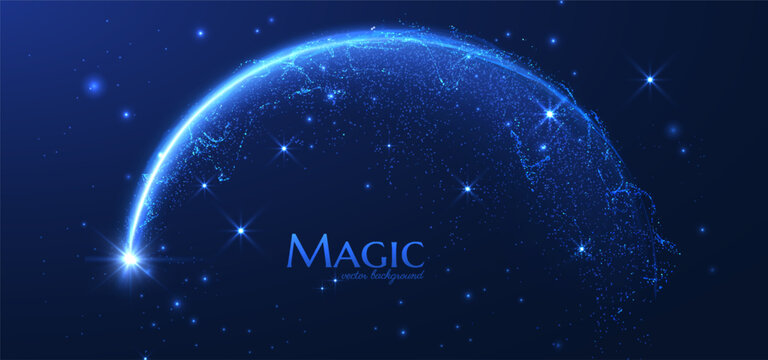 Elegant and breathtaking shooting star with a shimmering, glittering dust trail on a dark vector background. Fast-moving particle trail creating a sense of speed and energy. Realistic meteor or comet