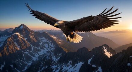 Majestic Bald Eagle Flying Over Snow-Capped Mountain Range at Sunset