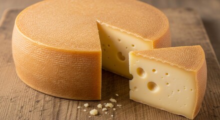 Hard Yellow Cheese on Wooden Cutting Board with Slice Taken Out